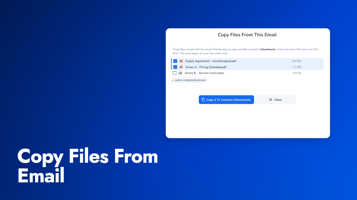 Copy files from an email on the contract timeline
