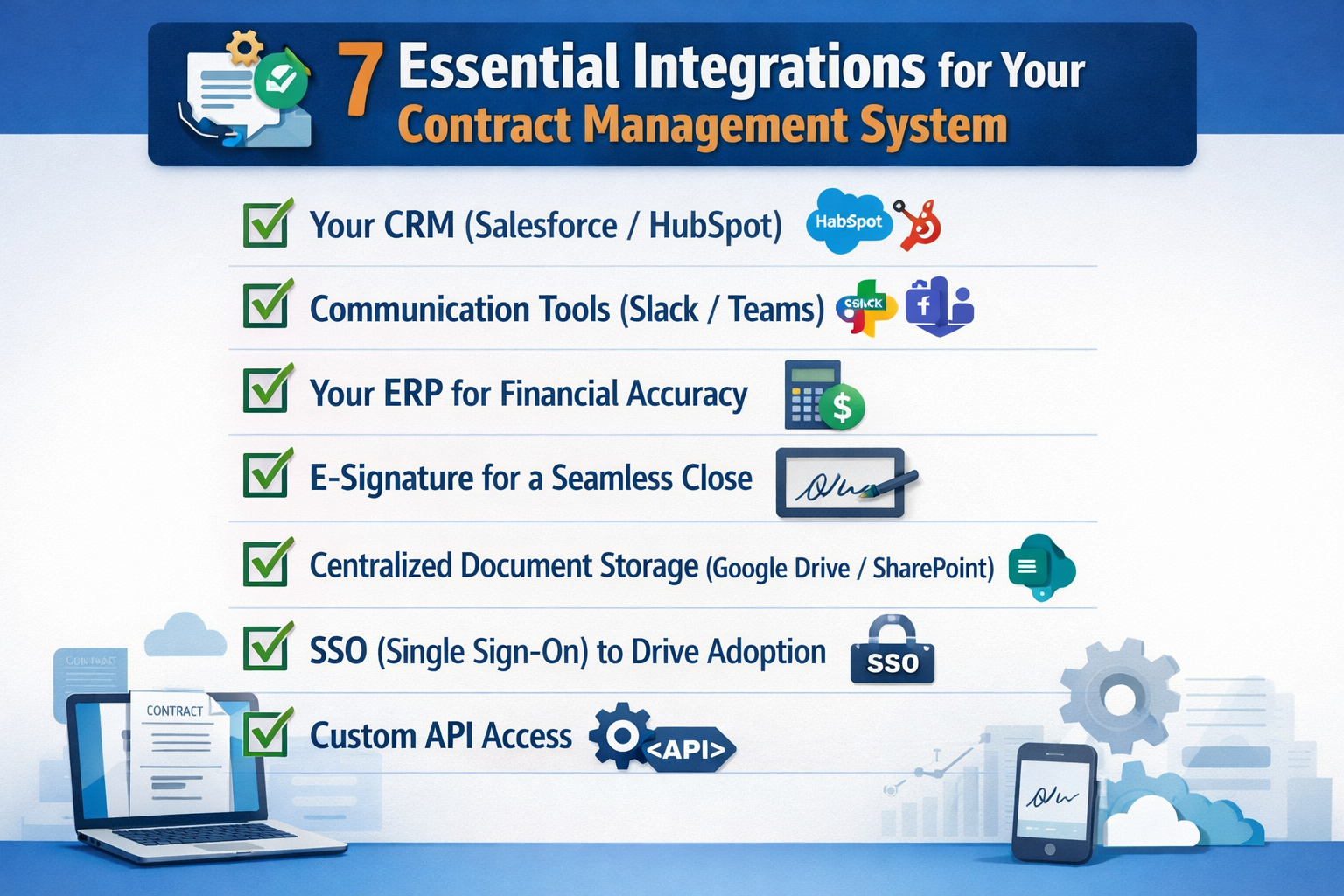 Learn the 7 essential integrations to connect your contract management system to your existing tech stack and prevent building a "Legal Island."