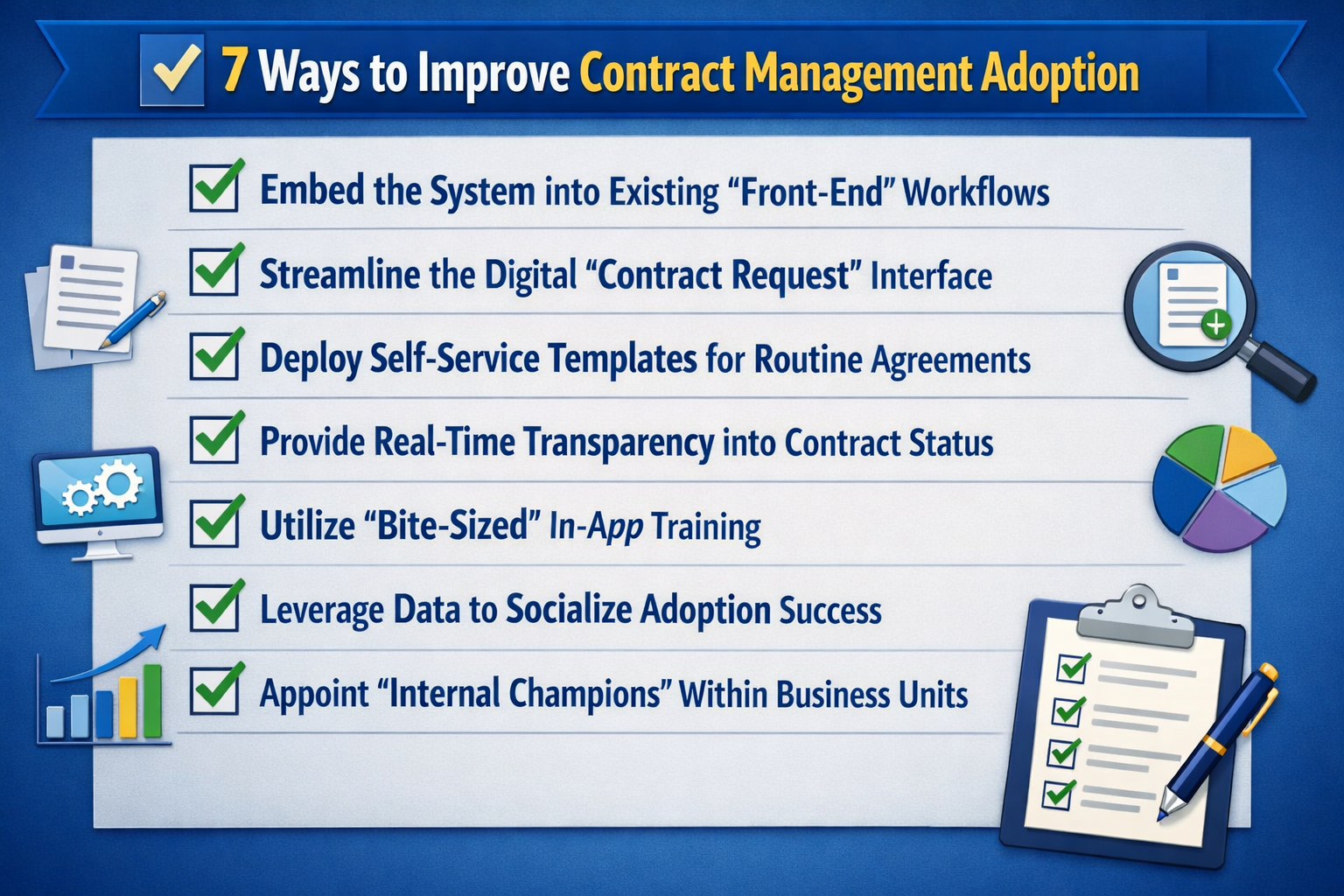 Discover 7 proven ways to improve contract management adoption and ensure your CLM investment doesn't become expensive shelf-ware.