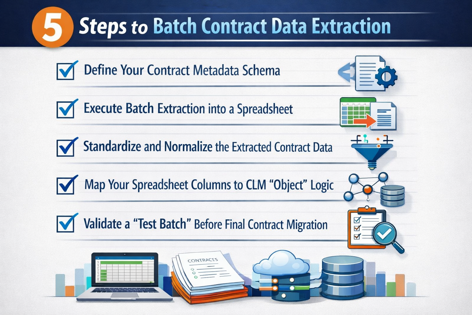 Learn the 5 steps to execute batch contract data extraction and map thousands of legacy PDFs into structured, searchable CLM fields.
