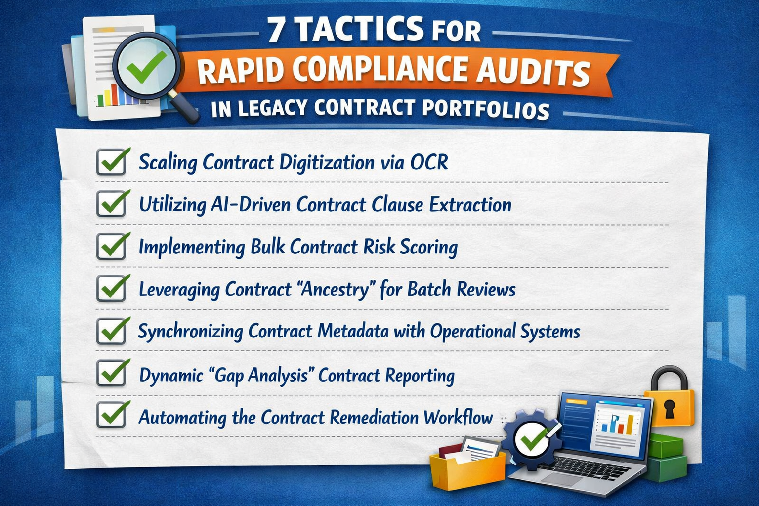 Discover 7 tactics for conducting rapid compliance audits across thousands of legacy agreements without increasing your headcount.