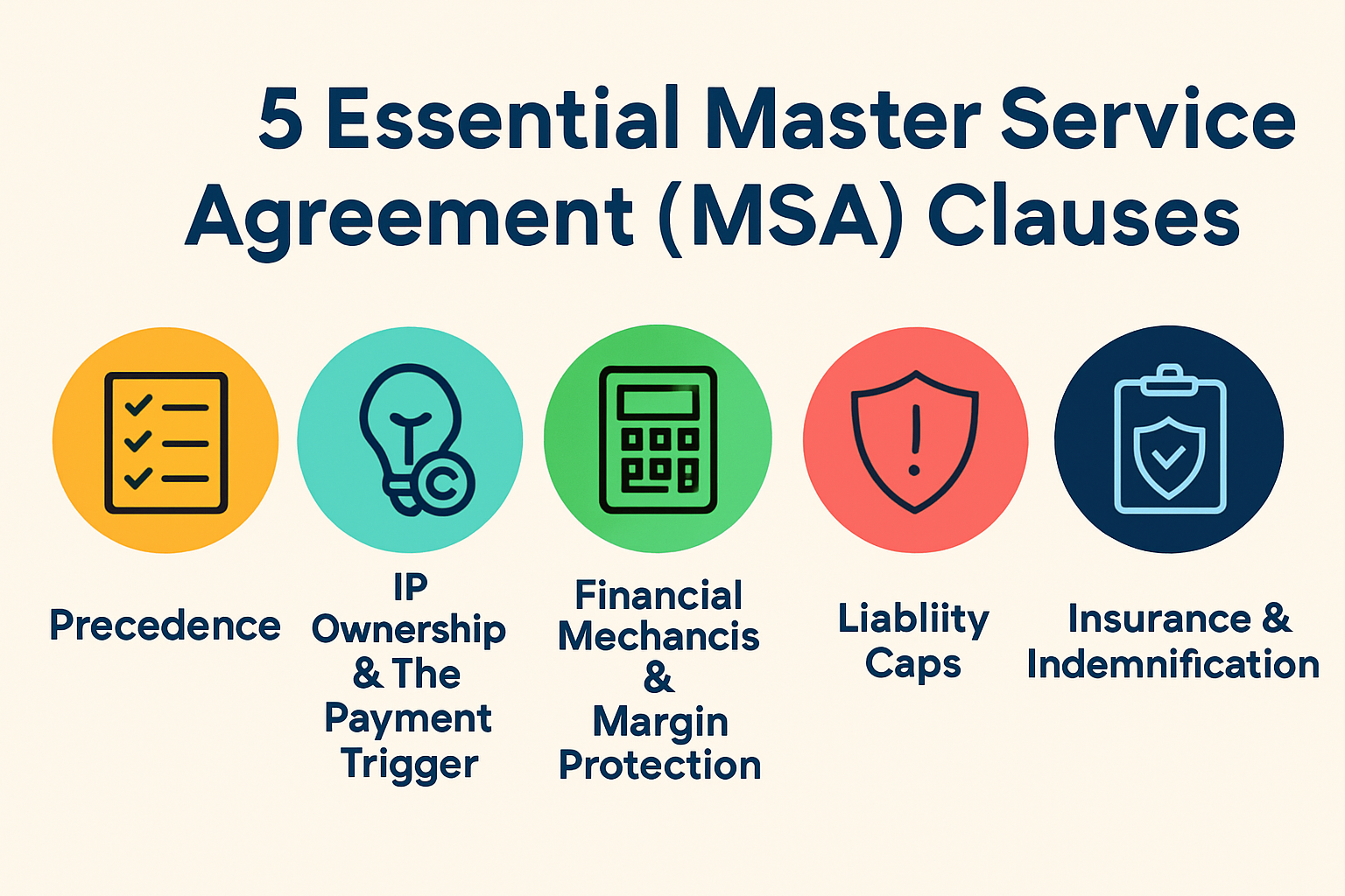 Essential MSA clauses to include: IP ownership triggers, liability caps, precedence rules, and financial protections for B2B service providers.
