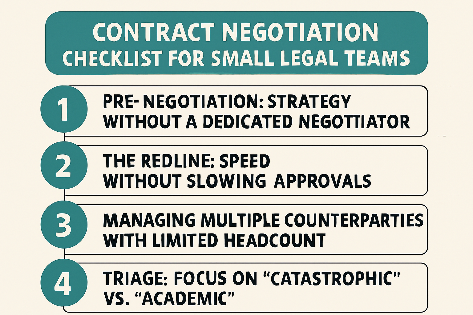 Contract negotiation checklist for lean in-house legal teams (2–5 people) to triage deals, speed up redlines, and move toward a high-impact, ROI-driven negotiation process