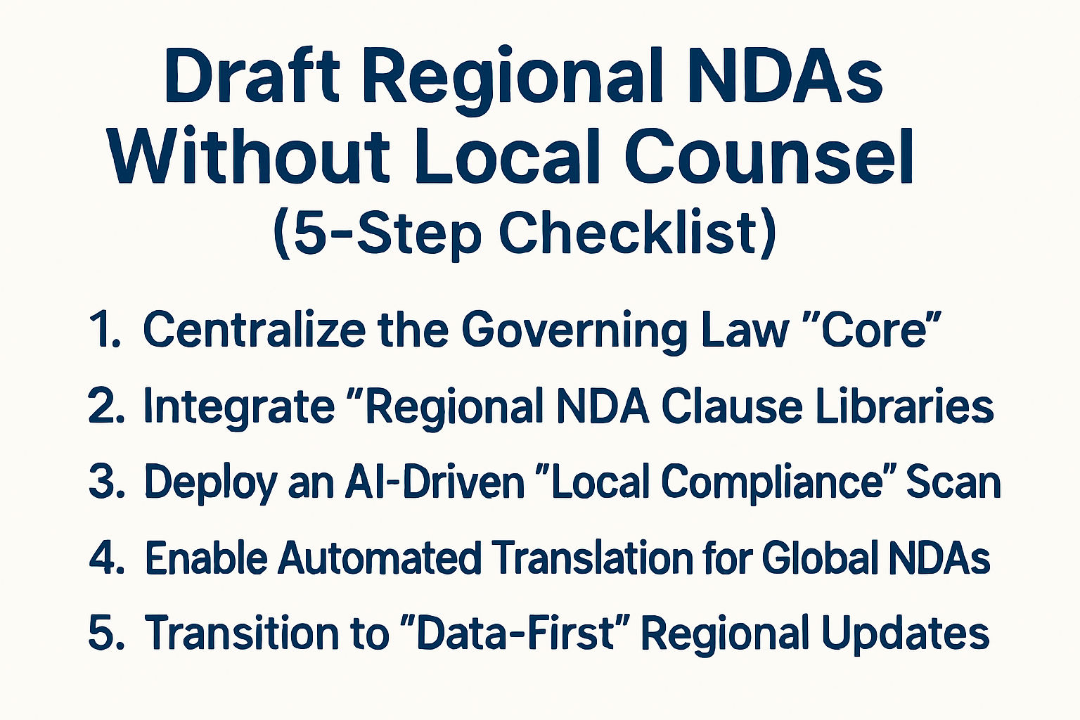 Follow our 5-step checklist to draft regional NDAs using smart templates, regional clause libraries, and AI-driven compliance scans.