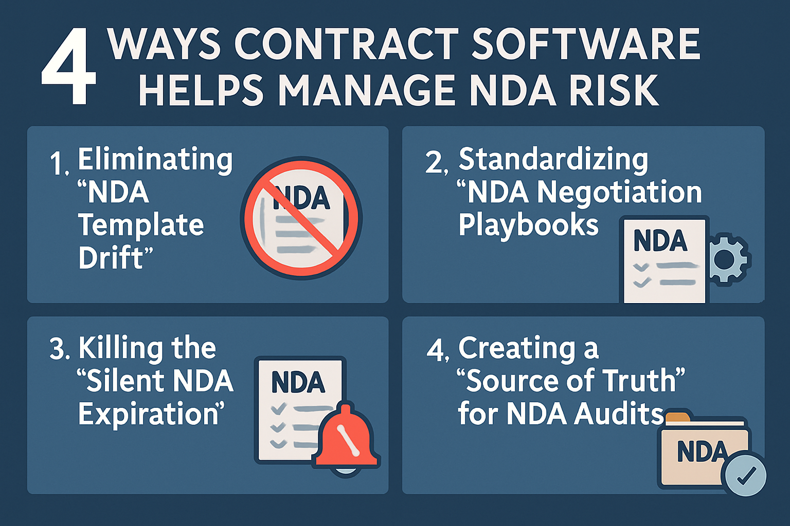 Discover 4 ways contract software helps manage NDA risk—from eliminating NDA template drift to creating ironclad NDA audit trails for your IP.