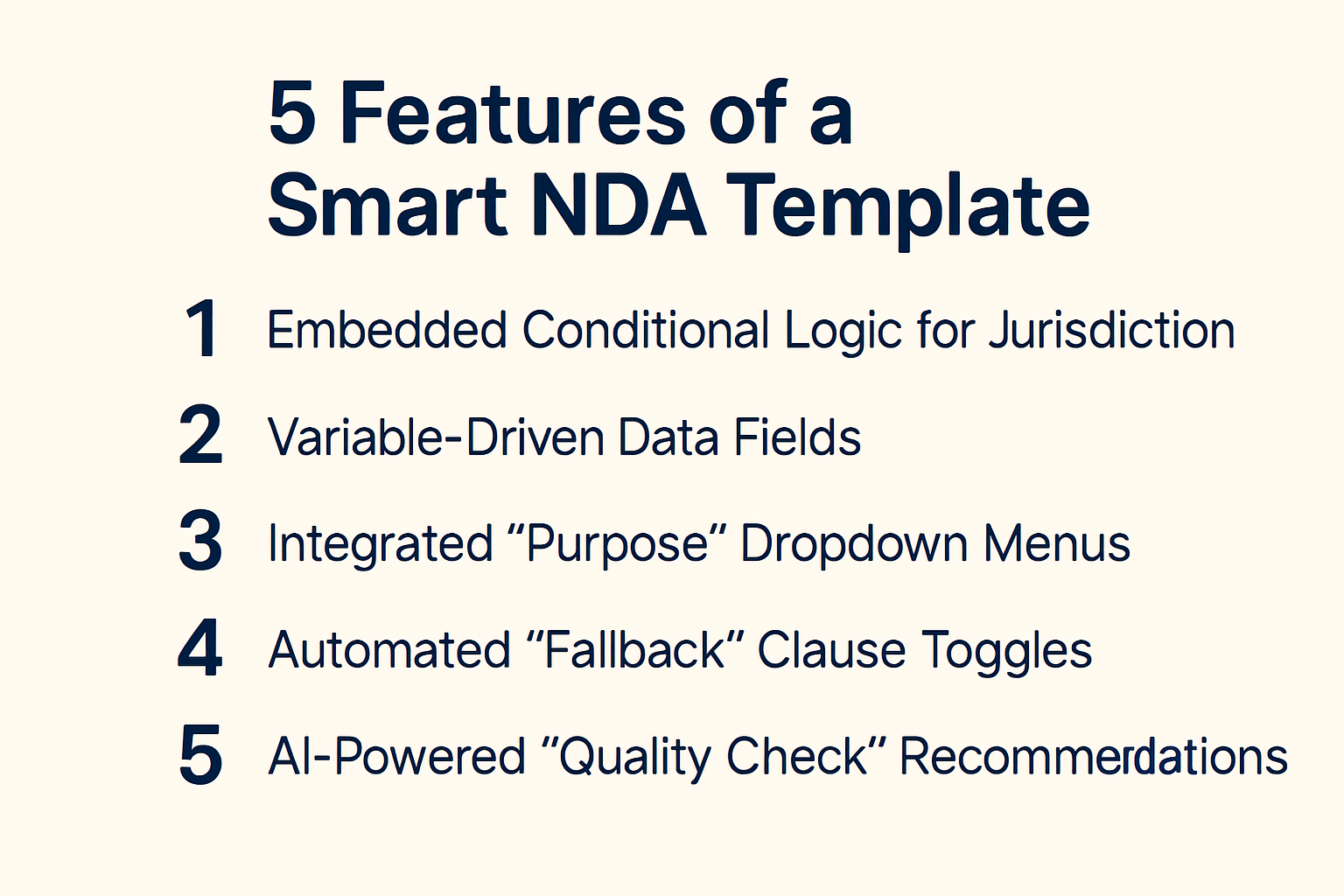 Discover the 5 essential features of a smart NDA template—from conditional logic to AI-powered fallbacks—to minimize drafting time in 2026.