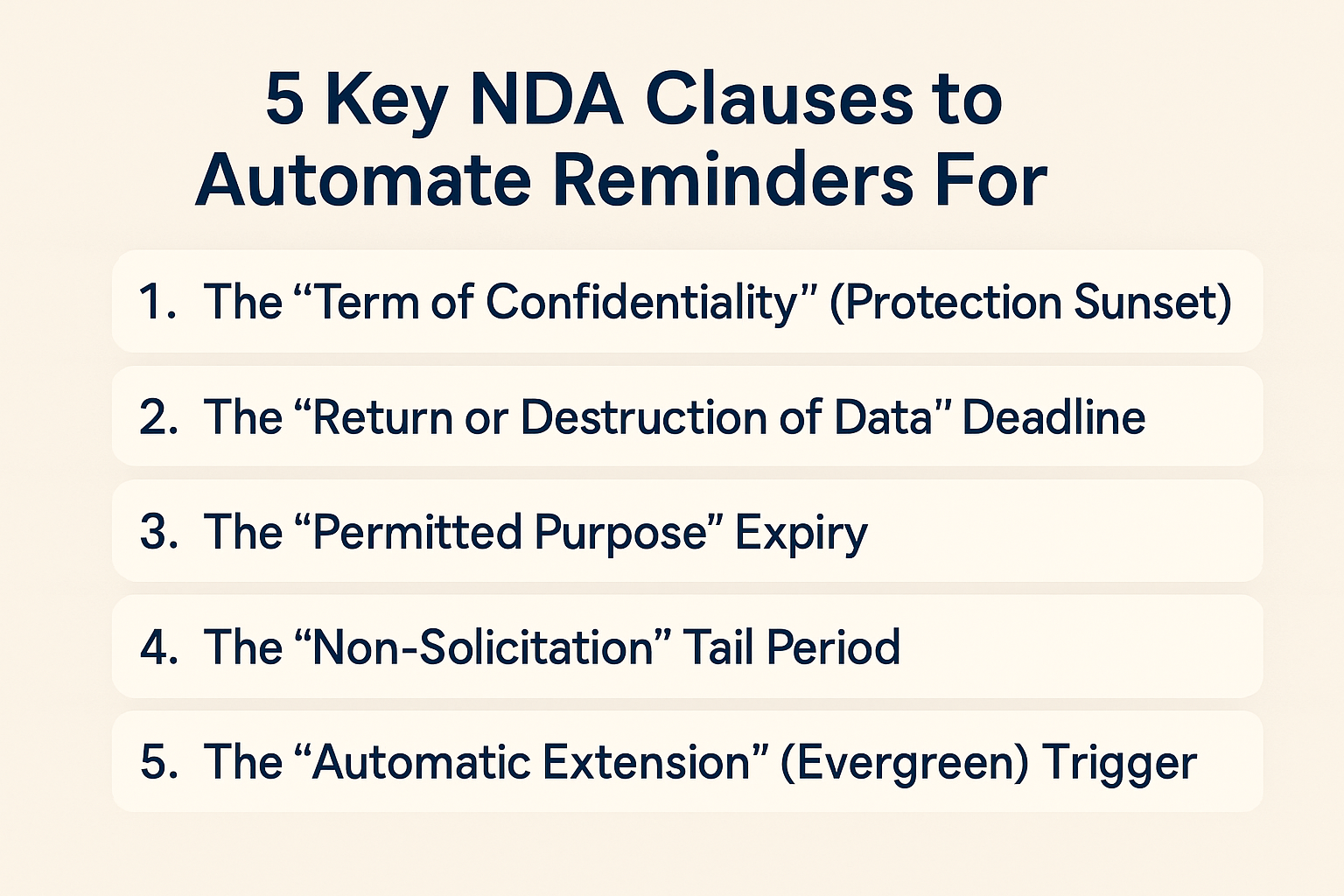 Discover the 5 key NDA clauses you should automate reminders for, from data destruction to non-solicitation periods.