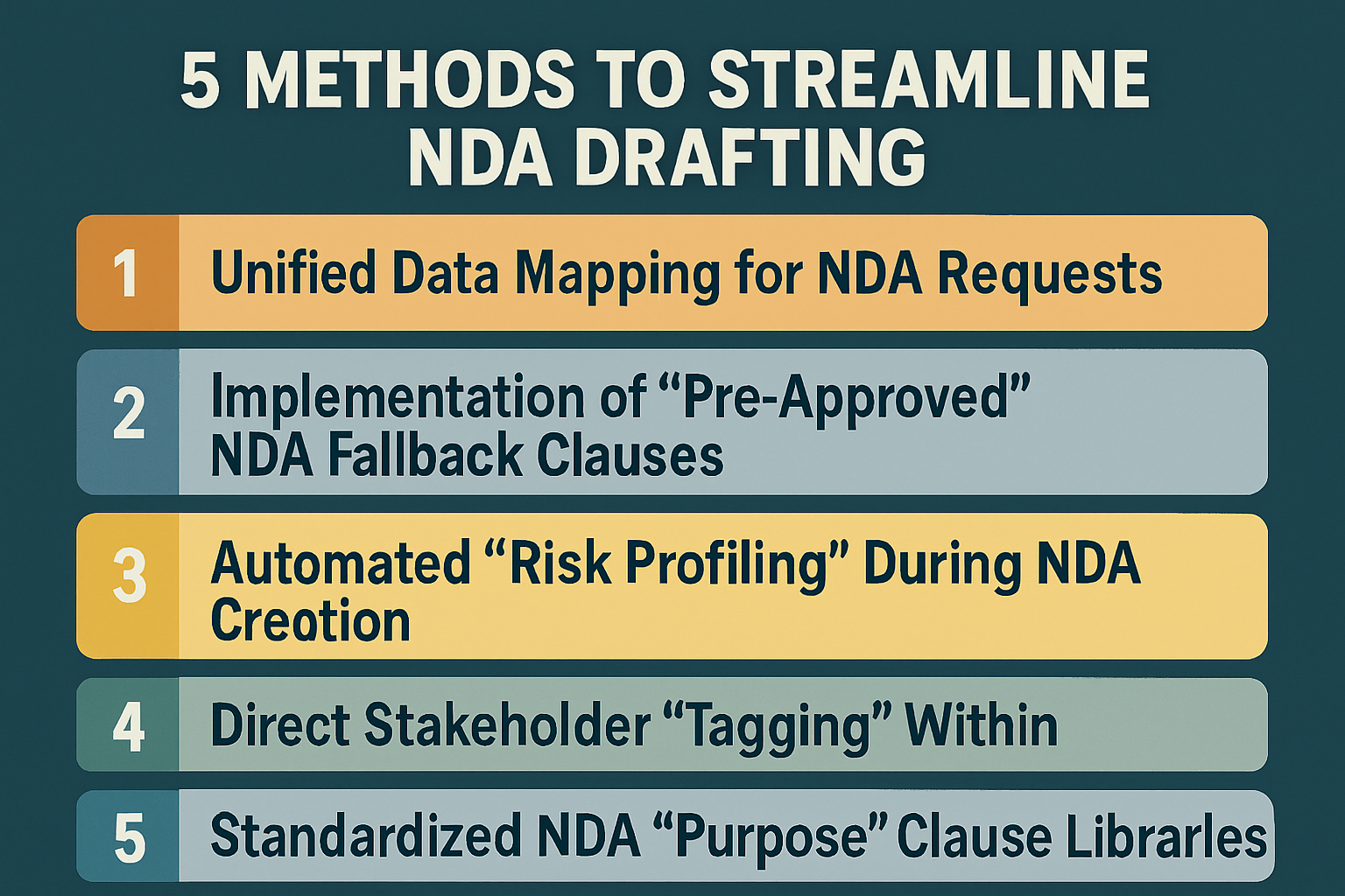 Learn 5 methods to streamline your NDA drafting for faster contract approvals using data mapping, pre-approved fallbacks, and risk profiling.