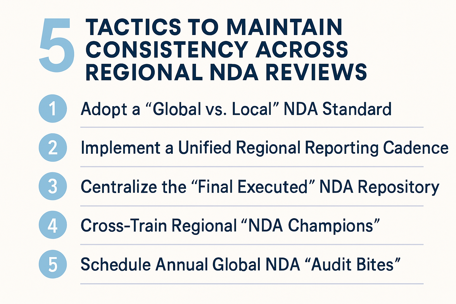 Learn 5 tactics to maintain consistency across regional NDA reviews using global standards, centralized repositories, and unified reporting.