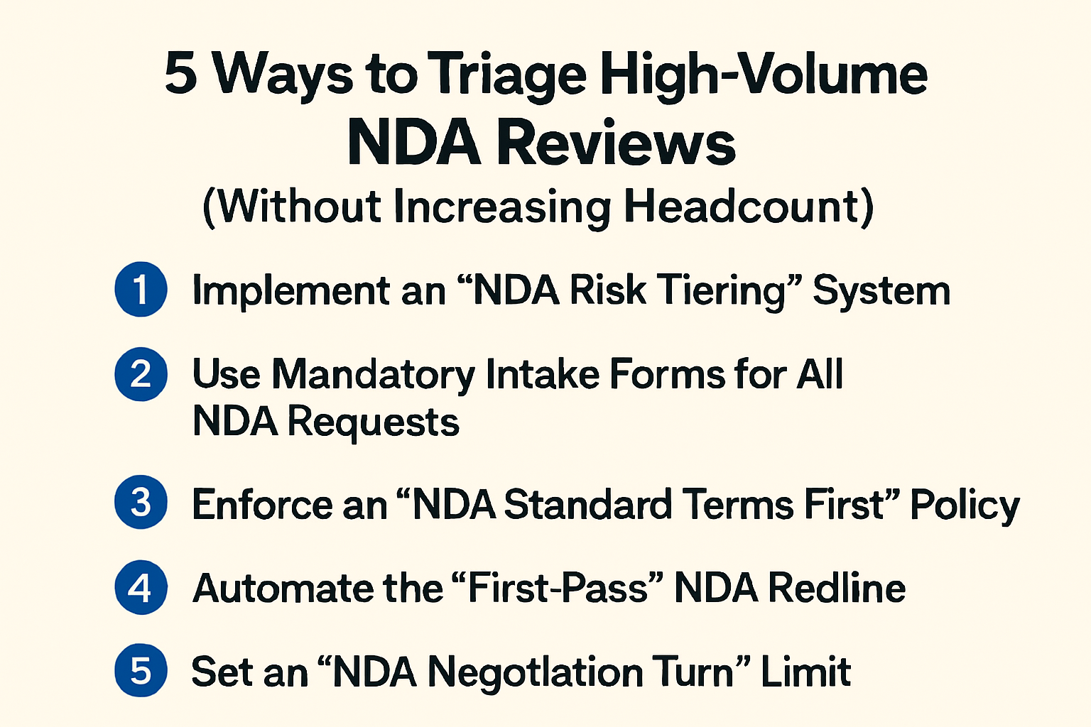 Learn 5 ways to triage high-volume NDA reviews without increasing headcount using risk tiering, intake forms, and automated first-passes.