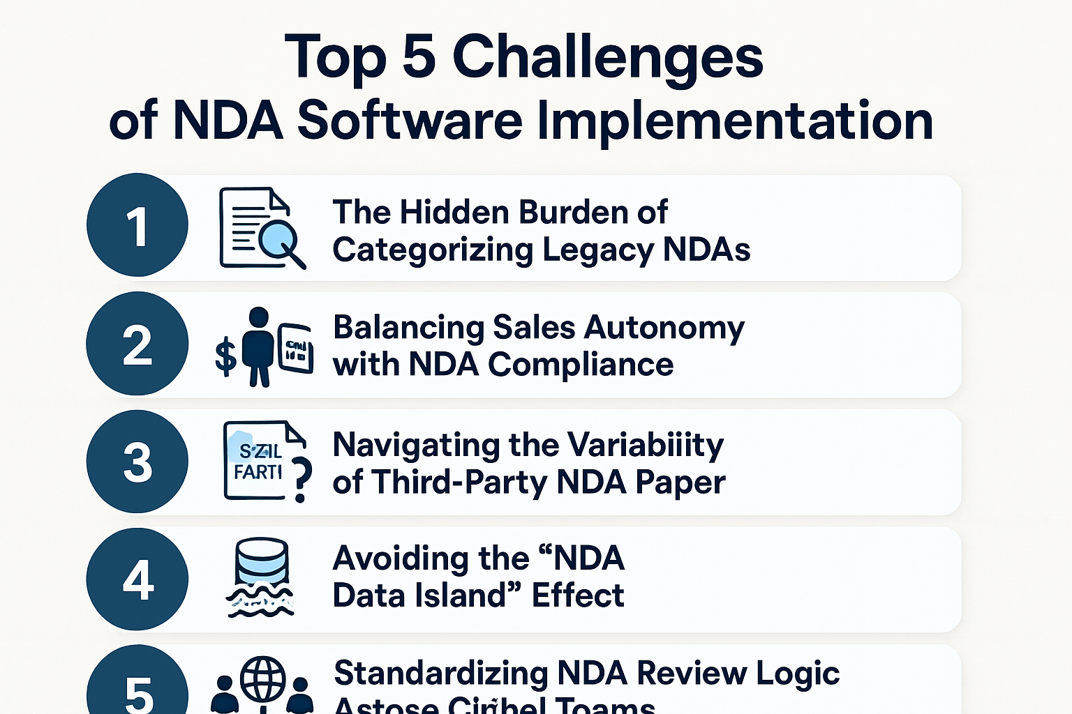 Discover 5 challenges of NDA software implementation—from auditing messy legacy NDAs to managing third-party paper...