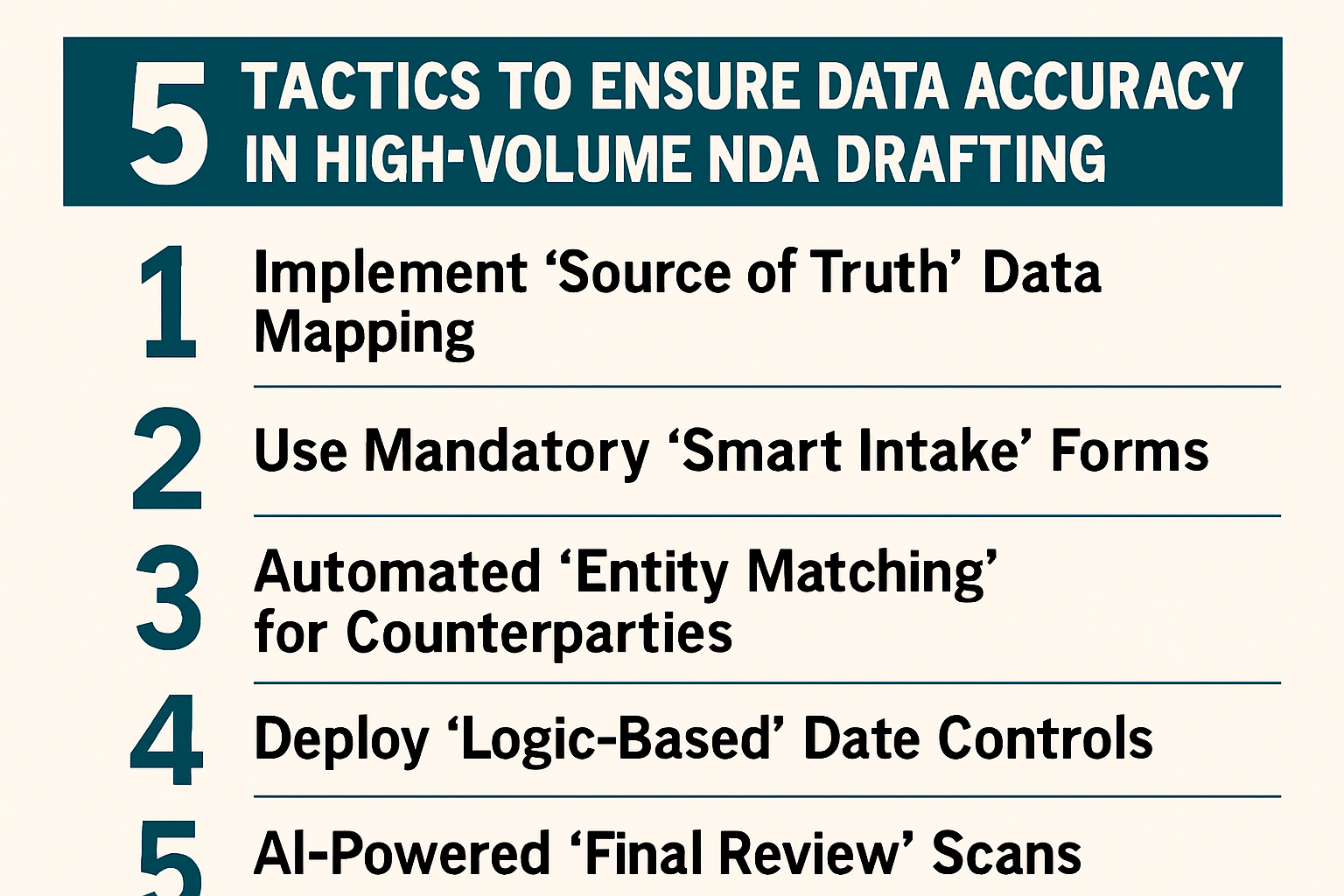 Discover 5 tactics to ensure data accuracy in high-volume NDA drafting using CRM mapping, smart intake, and AI validation.