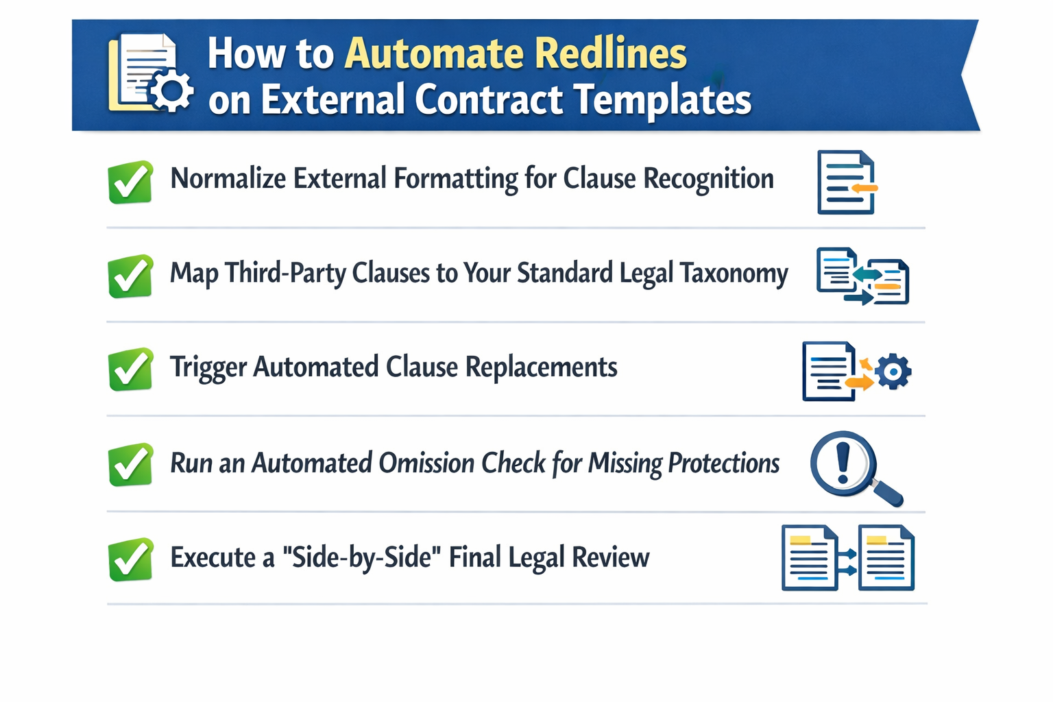 Learn the 5 steps to automating redlines on external contract templates and reduce hours of manual clause-by-clause review.
