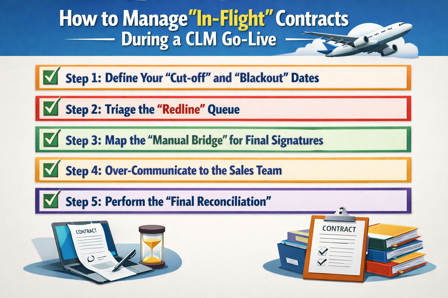 Learn 5 steps to managing in-flight contracts during a CLM go-live, from defining cut-off dates to performing the final reconciliation.