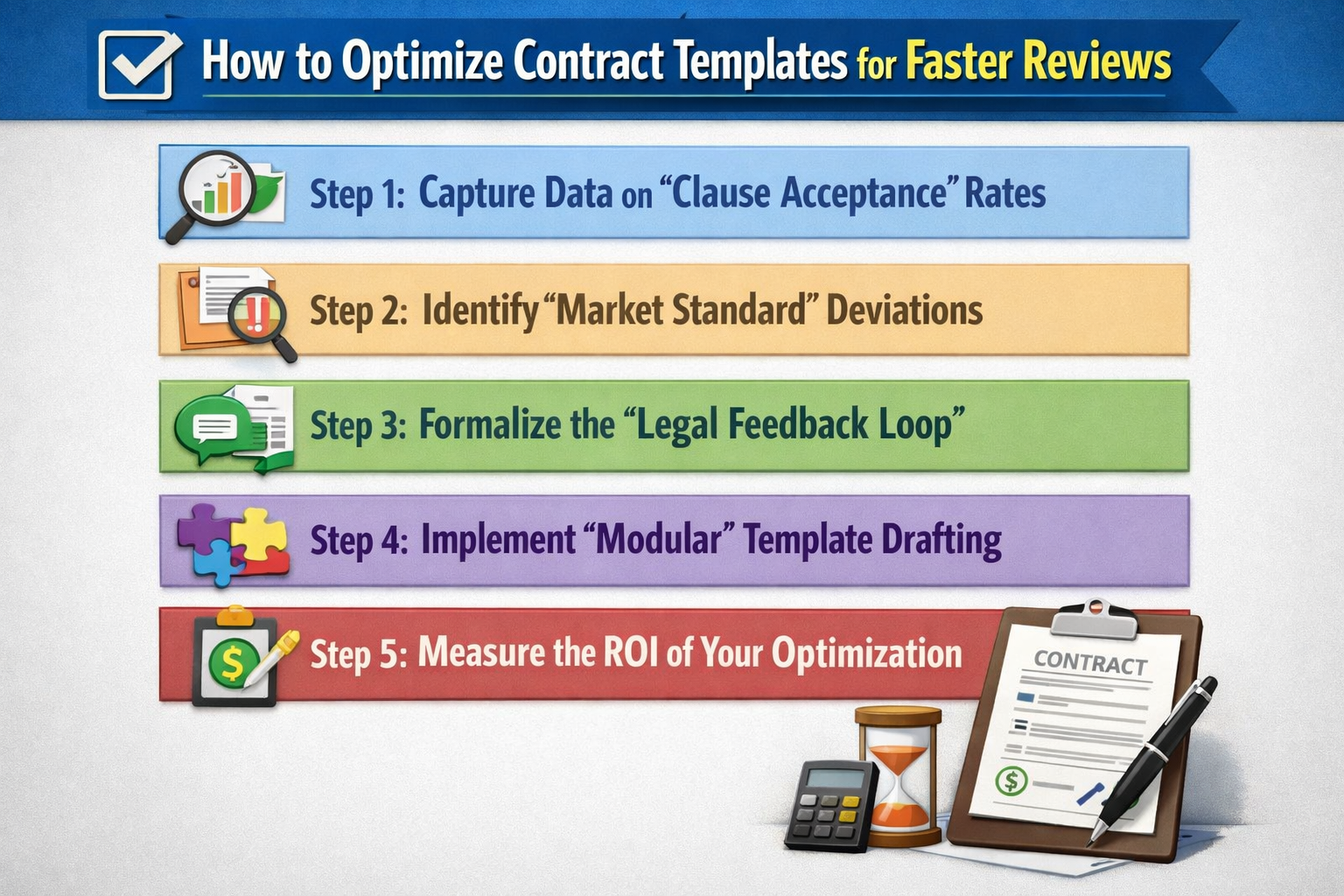 Learn 5 steps to optimize your contract templates for faster reviews, from capturing clause acceptance rates to measuring the ROI of your optimization.