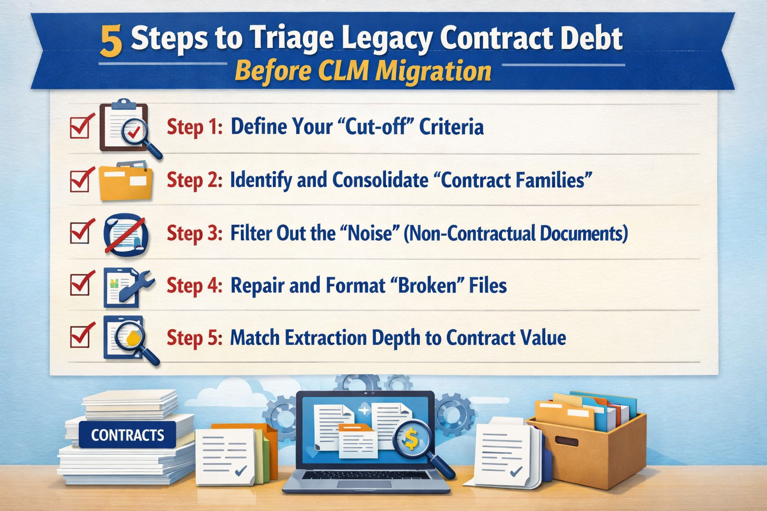 Learn how to triage legacy contracts before CLM migration by defining cut-off criteria, consolidating contract families, and matching extraction depth to value.